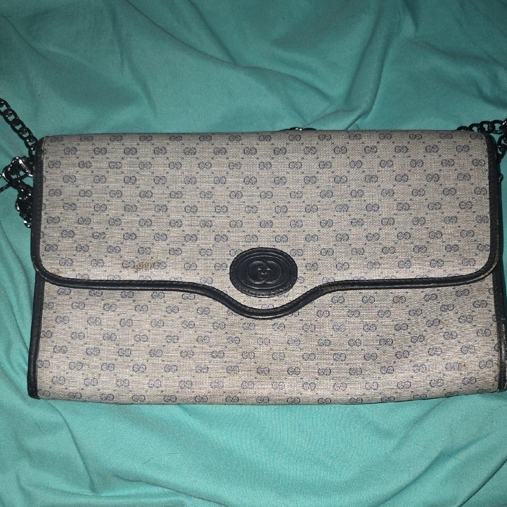Early 2000s Gucci Gray And Navy Clutch With Added Metal Strap